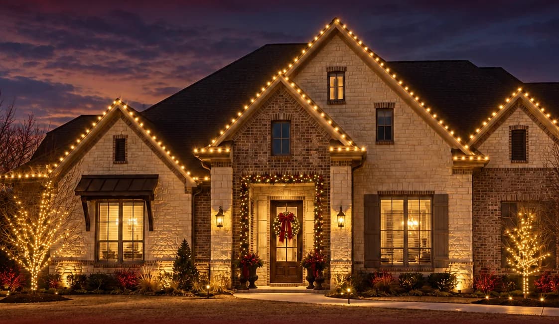 A brick home glowing with warm Christmas roofline lights and a wreath at the front door